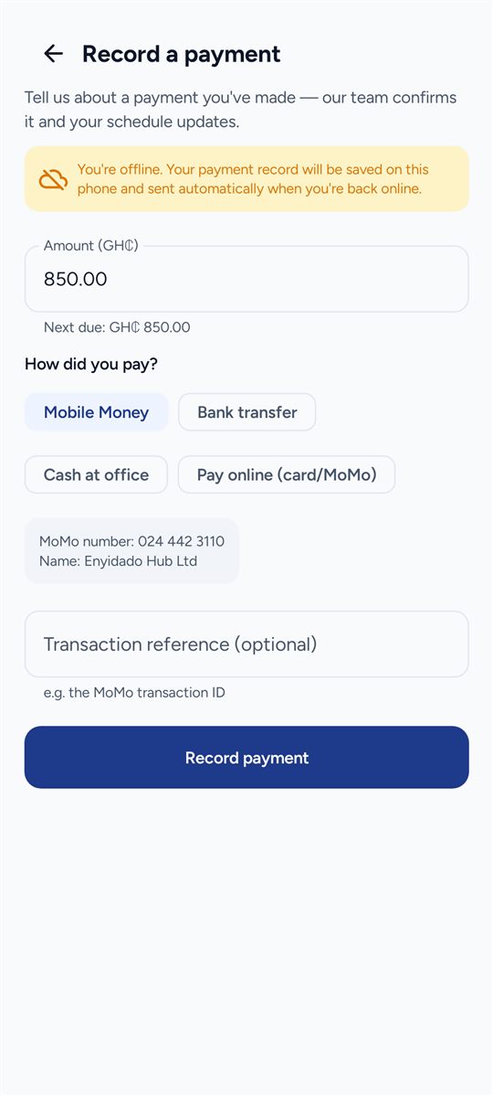 Record a payment — MoMo, bank, cash or Paystack — works offline