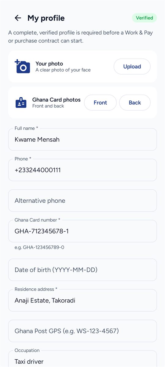 Profile &amp; KYC — Ghana Card details and photos from your phone