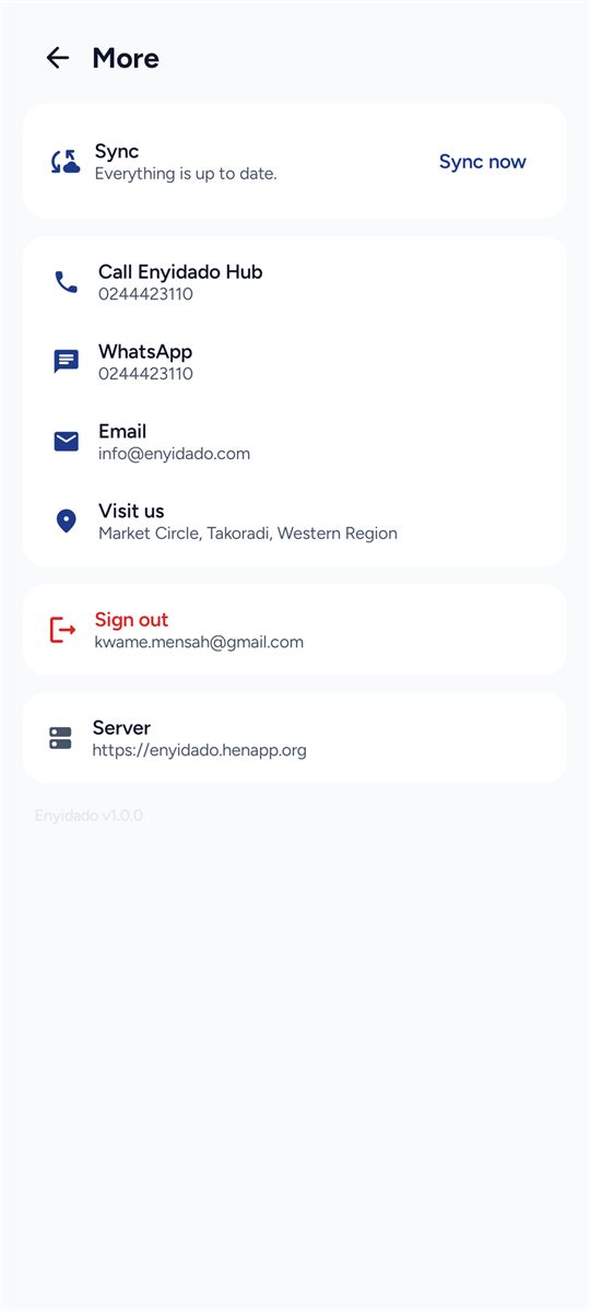 More — Sync status, queued items, contacts and settings