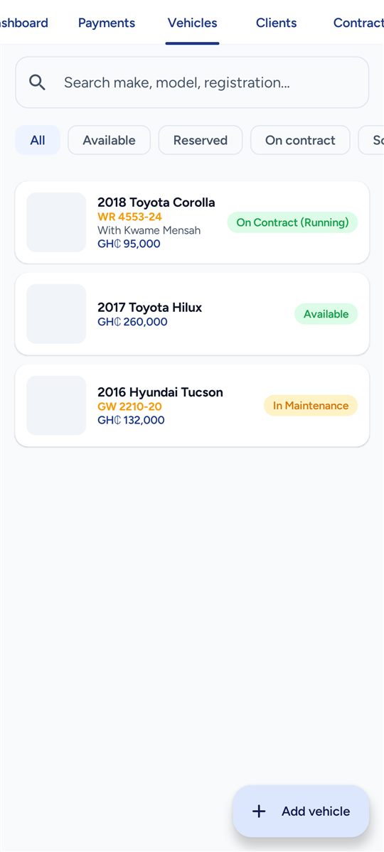 Vehicles — Create, edit, photograph, set status