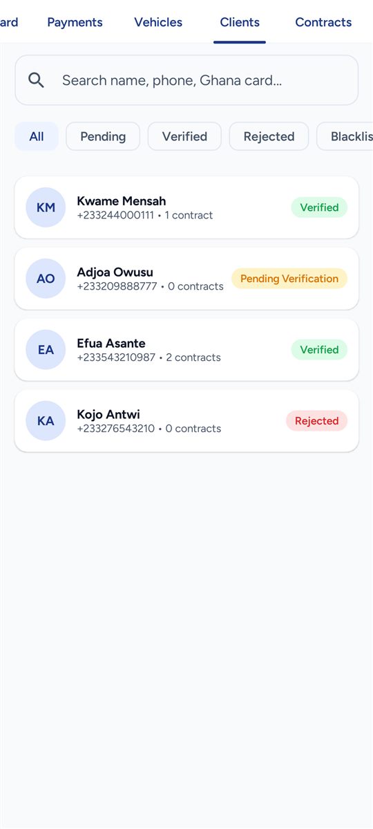 Clients — KYC review: verify, reject, blacklist
