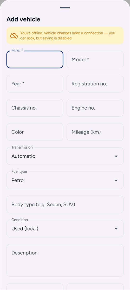 Add a vehicle — Full spec, photos and status — queued if the signal drops